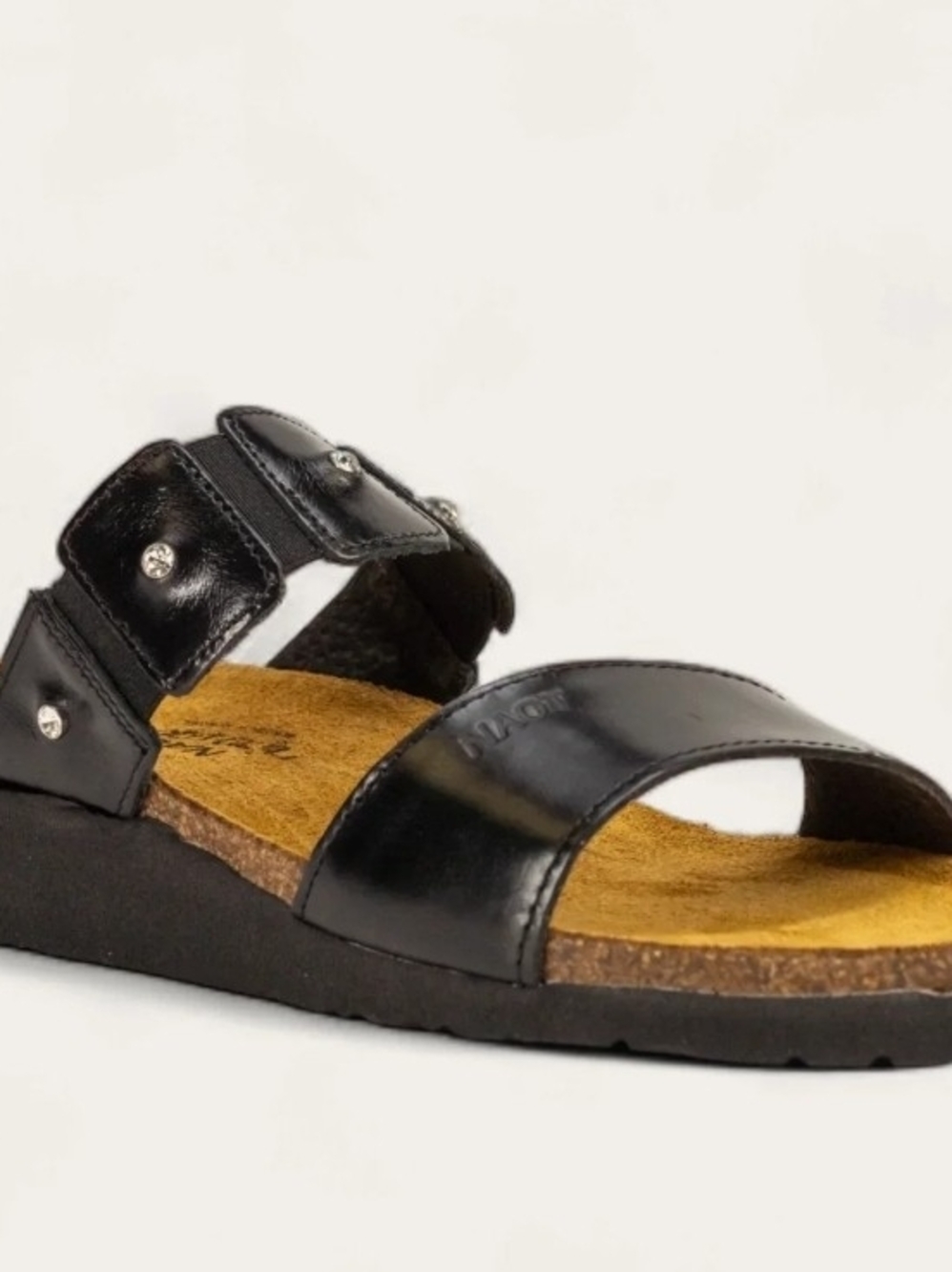 Naot Black Leather Two-Strap Cork Footbed Sandals